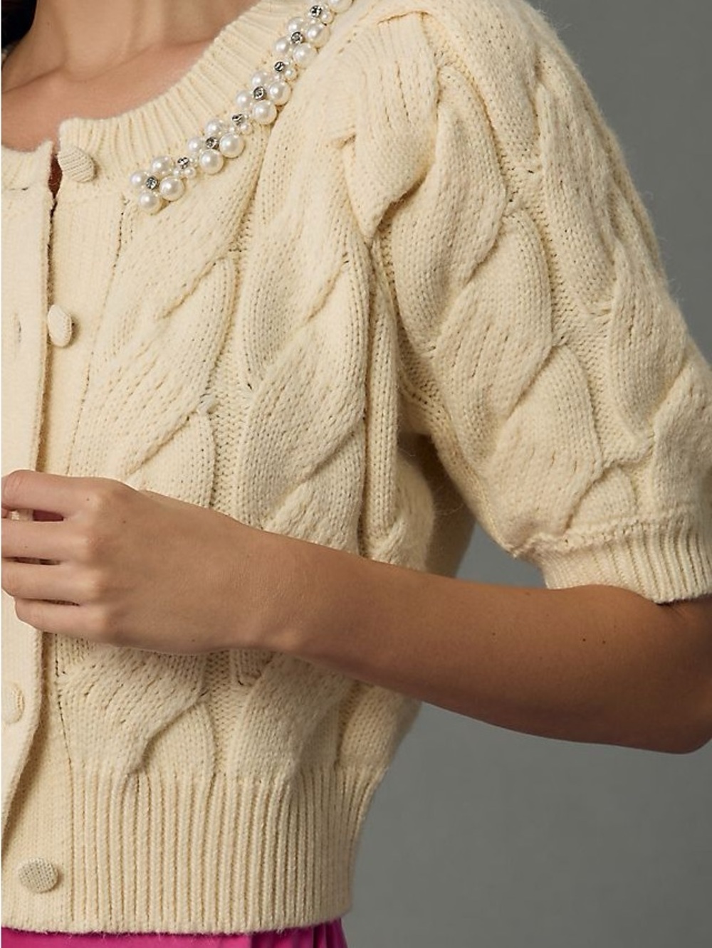 MABLE Anthropology Cream Cable Knit Short Sleeve Cardigan with Pearl Accent